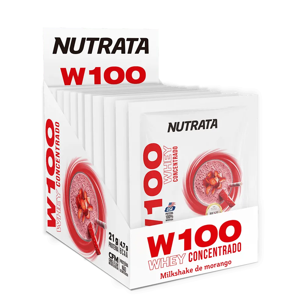 W100 Whey Concentrado 30g display c/ 12 sachês - Milkshake de Morango