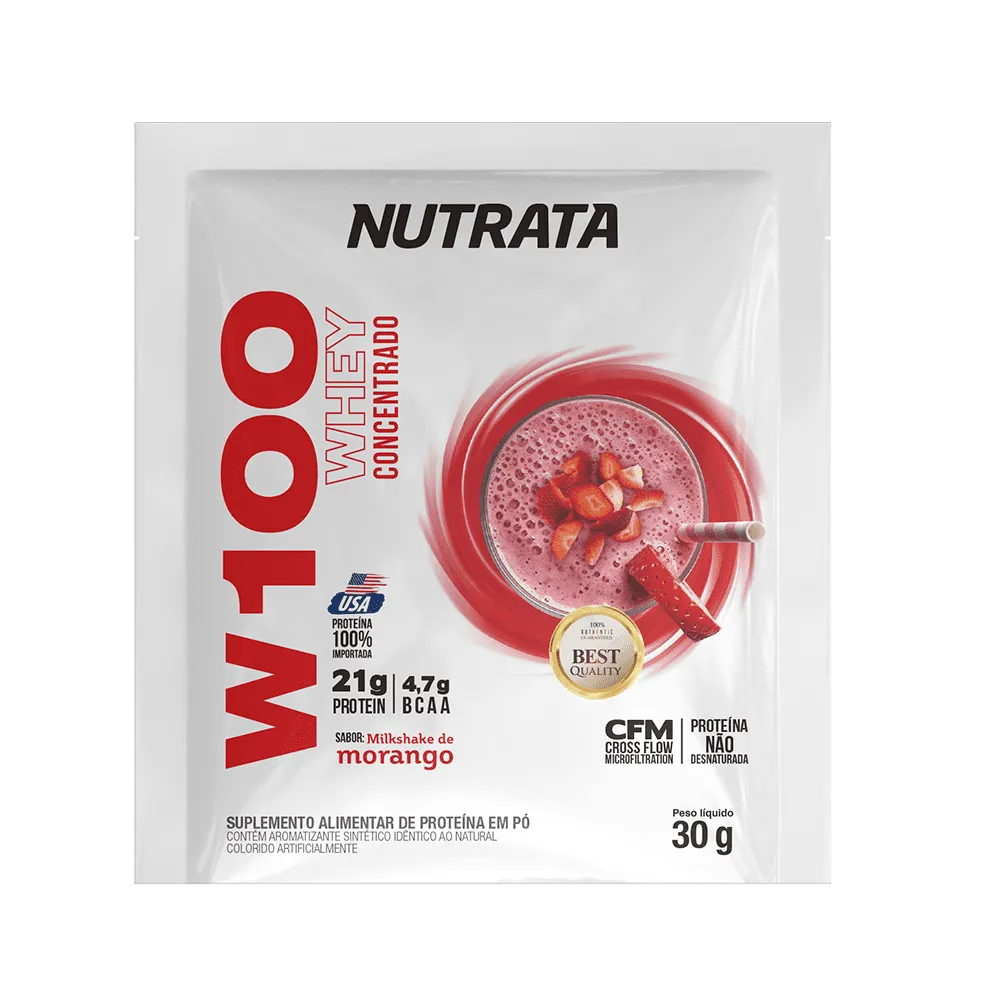 W100 Whey Concentrado 30g display c/ 12 sachês - Milkshake de Morango