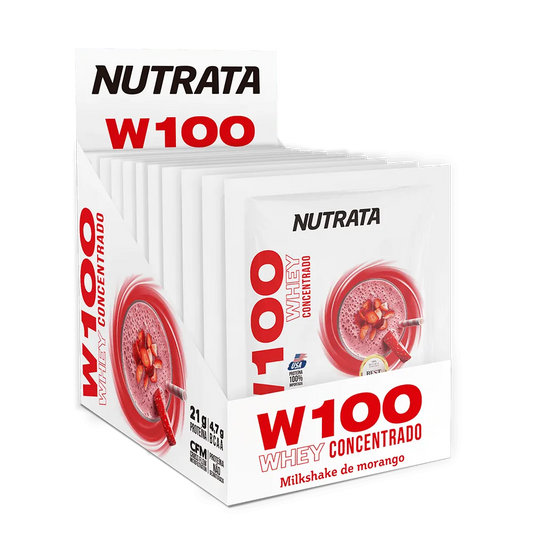 W100 Whey Concentrado 30g display c/ 12 sachês - Milkshake de Morango